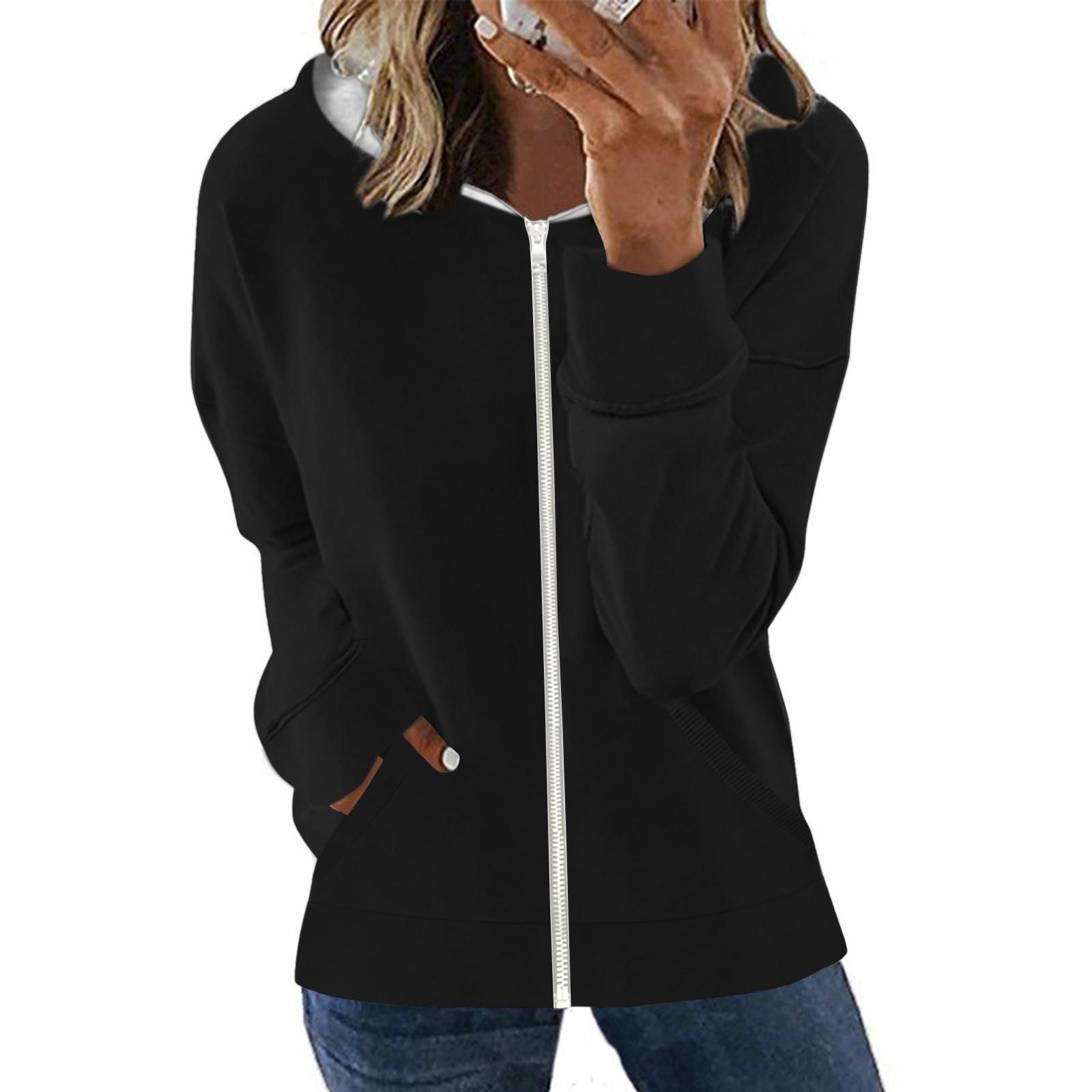 Women s Fashion Casual Zipper Color Long Sleeve Pocket Hooded Coat XXXL чёрный