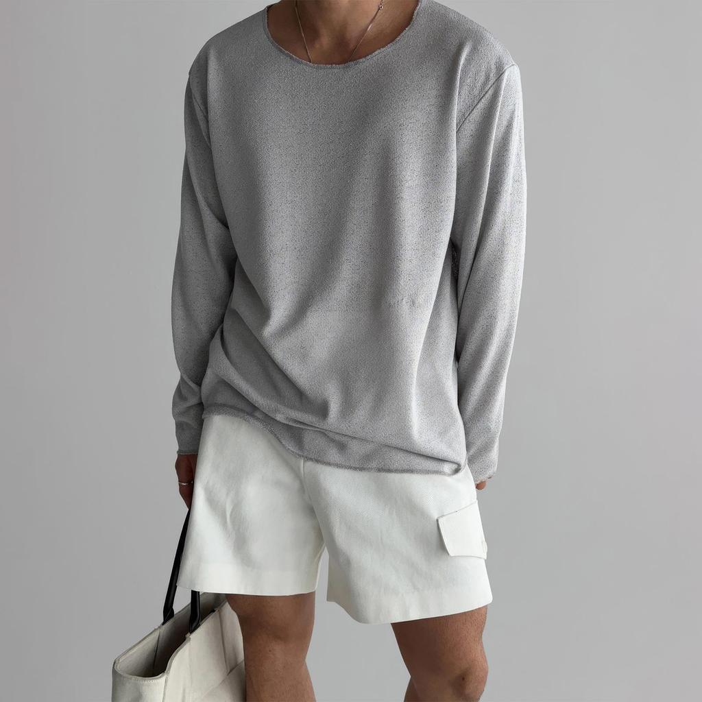 Herren Frühling und Herbst Langarm Stricktops Einfarbig Lässig Bequeme T-Shirts