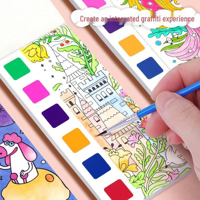 Portable Children's Watercolor Doodle and Coloring Book with Sticky Notes and Gouache
