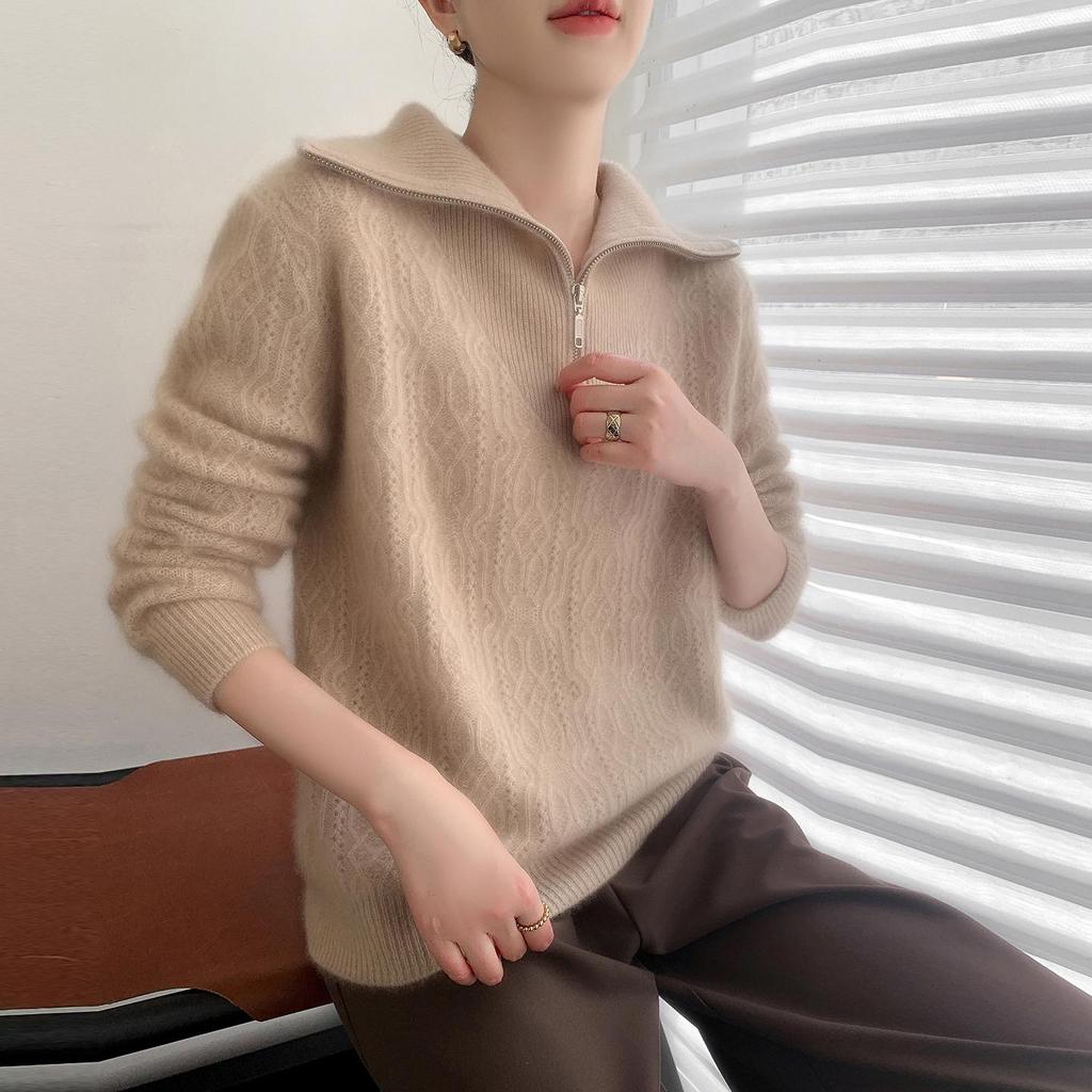 100% Wool Lapel Half-Zip Hollow Out Knitwear, Long Sleeve, Women's Thickened Base Layer for Autumn/Winter 2025