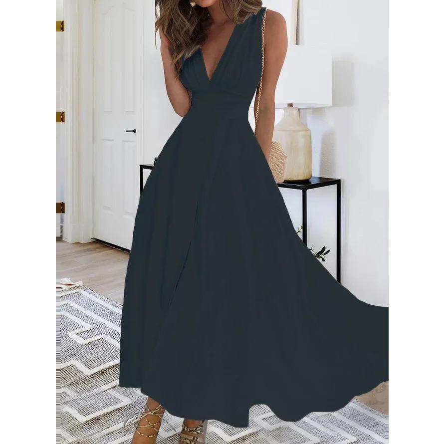 

QICED Лето Весна Без Рукавов V-образный вырез Юбка Платье Женское Летнее Платье XXXL чёрный