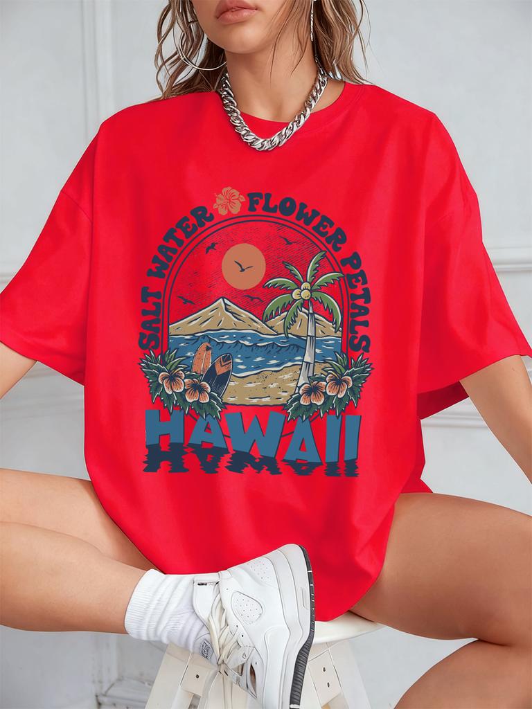 Salt Water Flower Hawaii Prints TShirts Women Summer Cotton Short Sleeve Tops Loose ONeck Comfortable T Shirt Casual Clothes