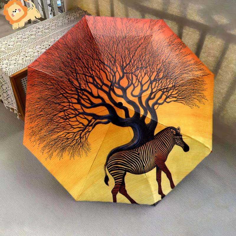 1 PC Automatic Folding Umbrella - Zebra Tree Pattern, Portable & Foldable Design with 8 Ribs, Christmas Birthday Gifts