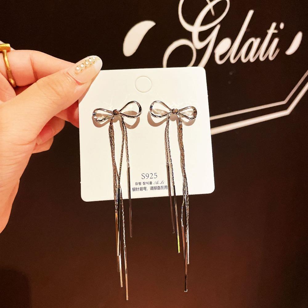 Temperament Stainless Steel Ribbon Long Tassel Bowknot Drop Dangle Earrings for Women Charm Party Jewelry Korean Fashion Gift
