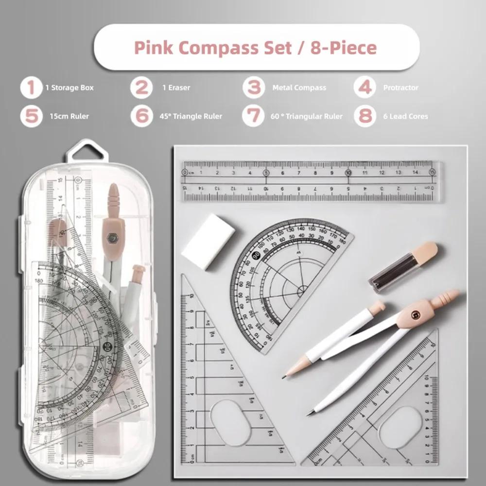 8PCS/Set Plastic Ruler Compasses Set Transparent Eraser Protractor Straight Ruler Set Square Drawing Tool School Office