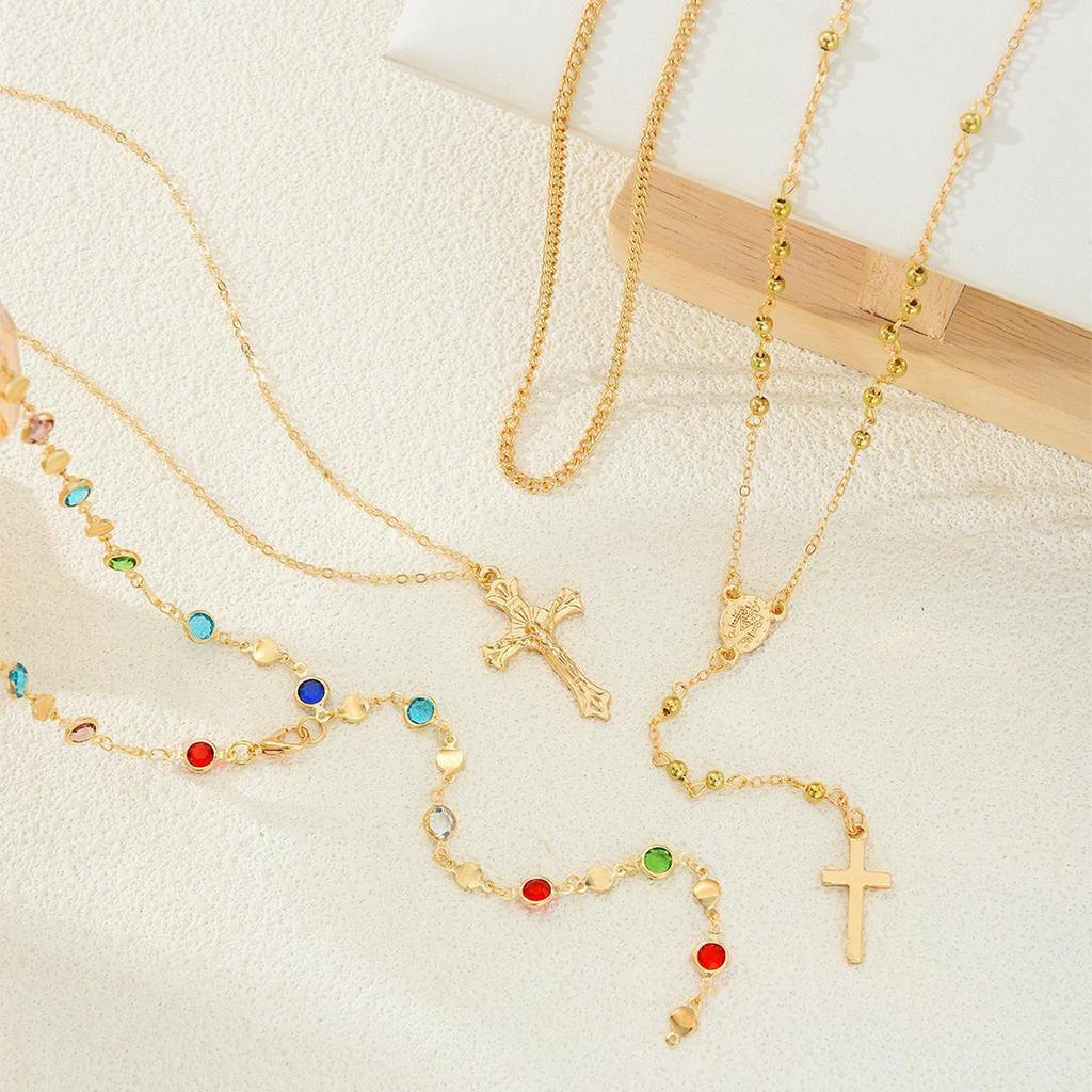 Women's Rhinestone Cross Pendant Tassel Layered Necklace