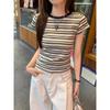 Women's Summer Retro Chic Striped Color-Block Slim-Fit T-Shirt with Short Sleeves