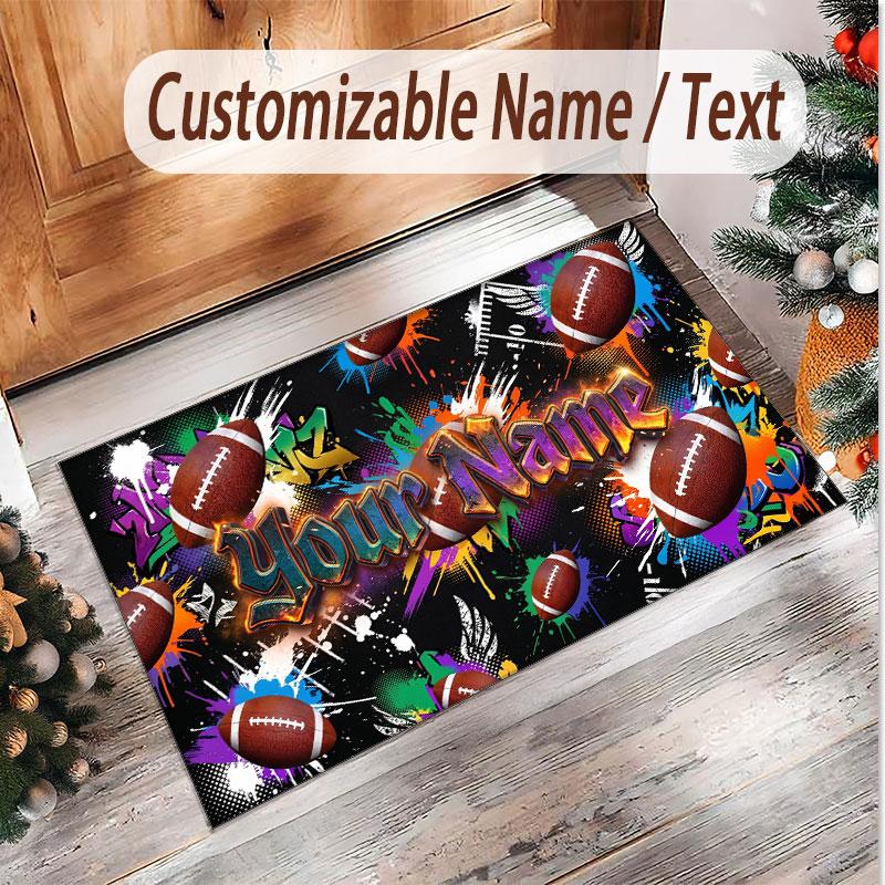 American Football Theme Soft Crystal Velvet Rug Custom Name & Text Print Non Slip Floor Rug for Bedroom Living Room