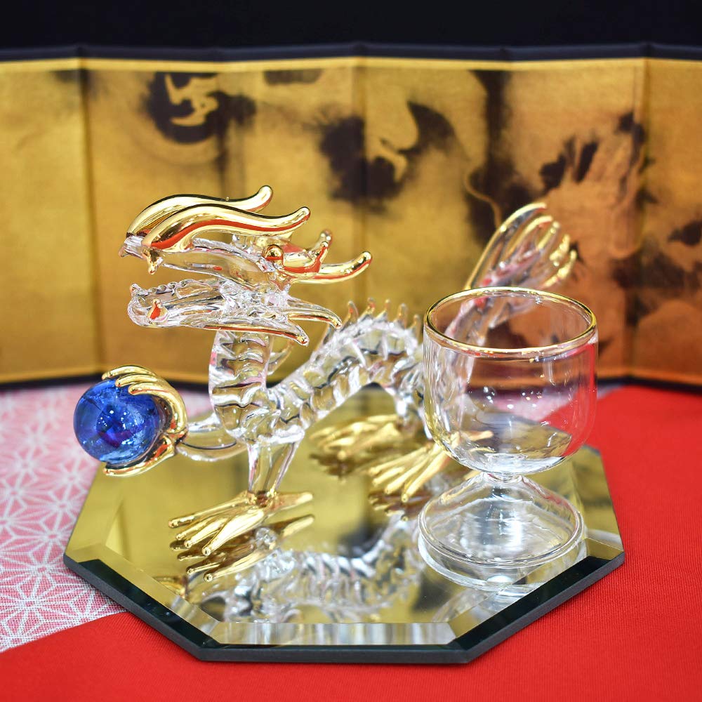 Four Cart Handmade Glass Feng Shui Good Luck at Work [Dragon Holding a Ball] 4-inch x 3-Piece Set