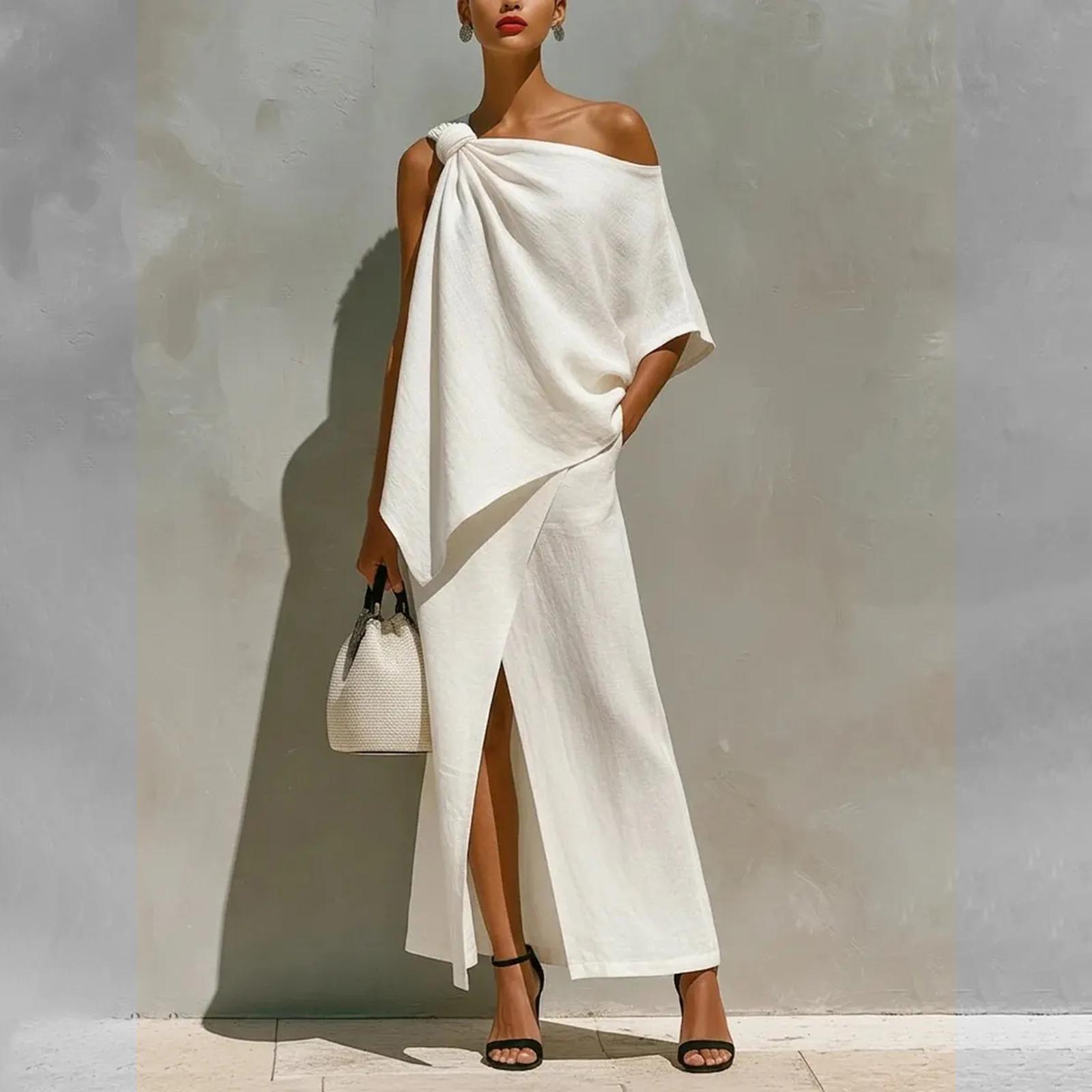 

Women s Fashion Casual Off Shoulder Linen Cotton Top And Skirt Two-piece Set XL білий