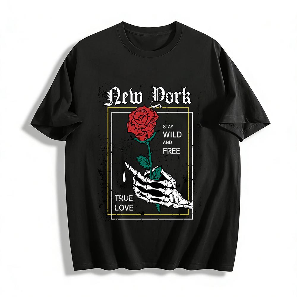 

New York Skeleton Hand Red Rose Print Casual Short Sleeve T-Shirt Pure cotton T-shirt XXS