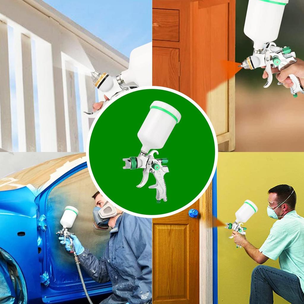Hvlp Spray Gun, Air Spray Gun Paint Sprayer Gun with 1.4/1.7/2.0/2.5mm Nozzles, 600ml Capacity Great for Walls, Automotive, Home Improvement (Green)
