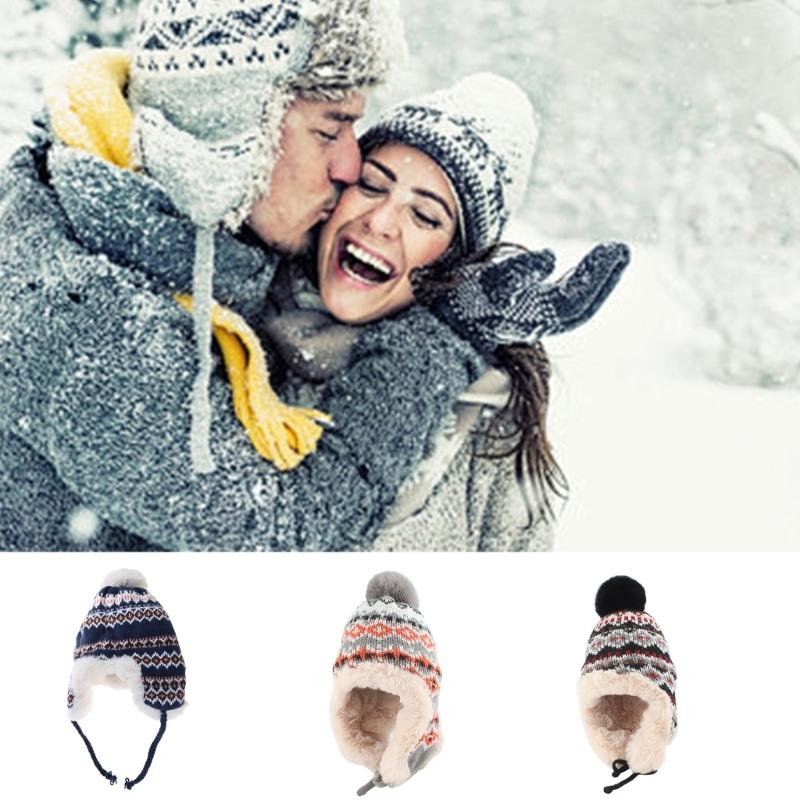 Warm Knitted Hat  for Women Winter Hat Ear Protection Beanies Caps Thick Crochet Hat Lovely Pom Knit Hat