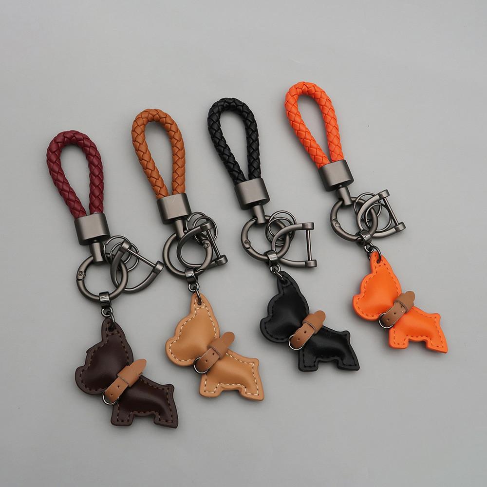 1PC Mini French Bulldog Keychain - Leather & Braided Rope Anti-lost Puppy Pendant, Cute Auto Car Key Accessory