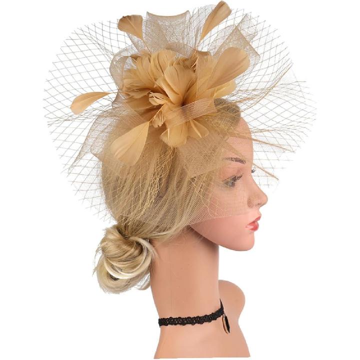 Milisten Fascinator Hat and Headband Mesh Cocktail Hair Clip for Women, Gold Color Wedding and Tea Party Special Occasion Accessory