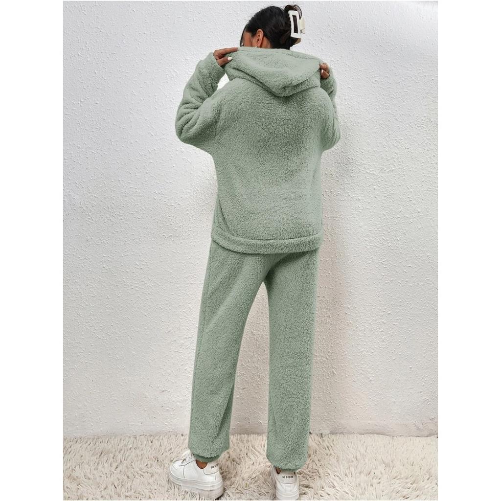 Autumn and Winter Solid Color Women's Clothing, Hooded Long Sleeved Patch Pocket Casual Pants Home Two-piece Set
