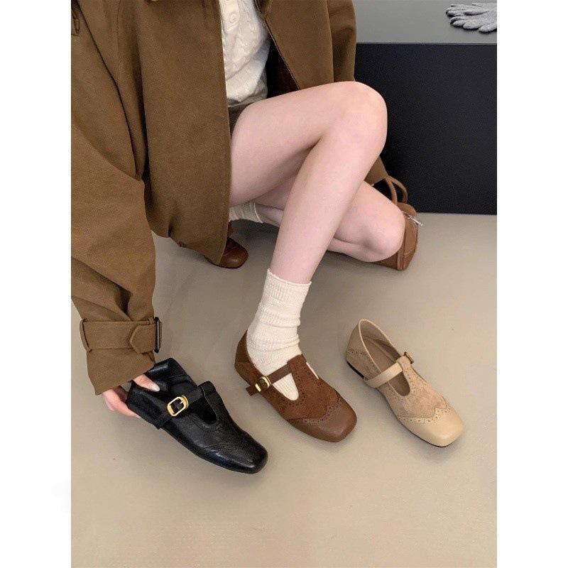 Inner heightening single shoes autumn retro suede one-pedal soft-soled Maillard Mary Jane ballet small leather shoes