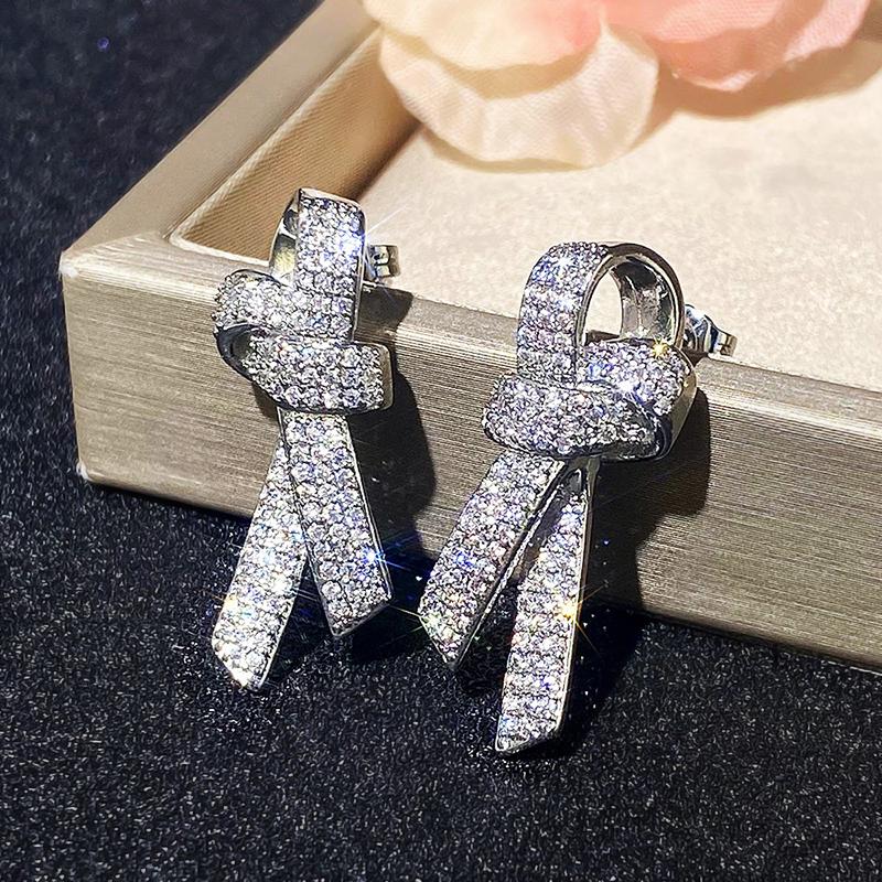 Huitan Bow Shaped Stud Earrings for Women Silver Color Sparkling Crystal Cubic Zirconia Temperament Accessories Female Jewelry