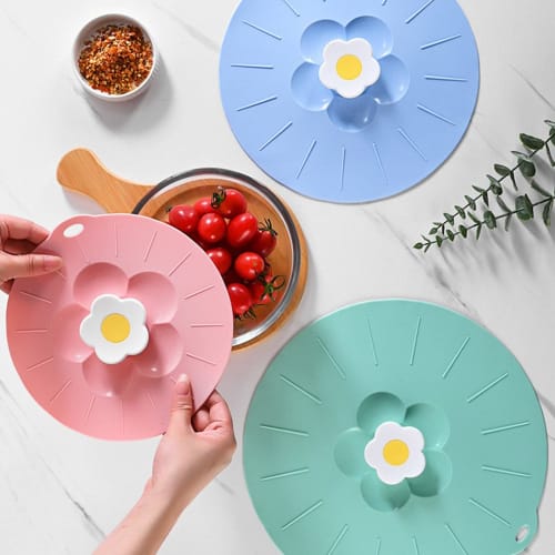 Floral silicone lids for food storage and cooking, silicone lids for bowls and food covers, silicone fresh lids for airtight seals on rim surfaces, si