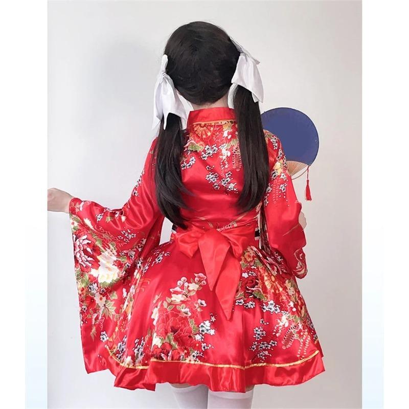 Japanese Yukata Robes Kawaii Girls Floral Printed Haori Suit Lovely Lolita Dress Women Maid Cosplay Costume Halloween