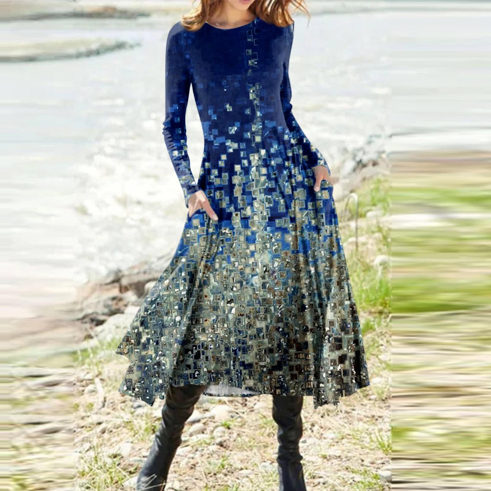 

Жіноча модна повсякденна різдвяна пуловер із круглим вирізом і принтом. Приталена сукня з довгим рукавом XL синій