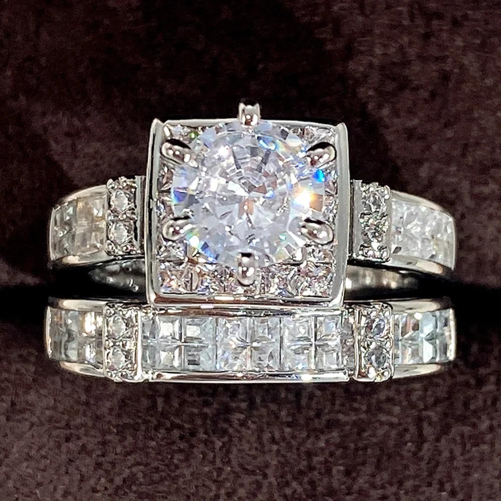 Huitan Set Lady Rings Luxury Wedding Engagement Party Finger Accessories Inlaid Shining Cubic Zirconia Graceful  Jewelry