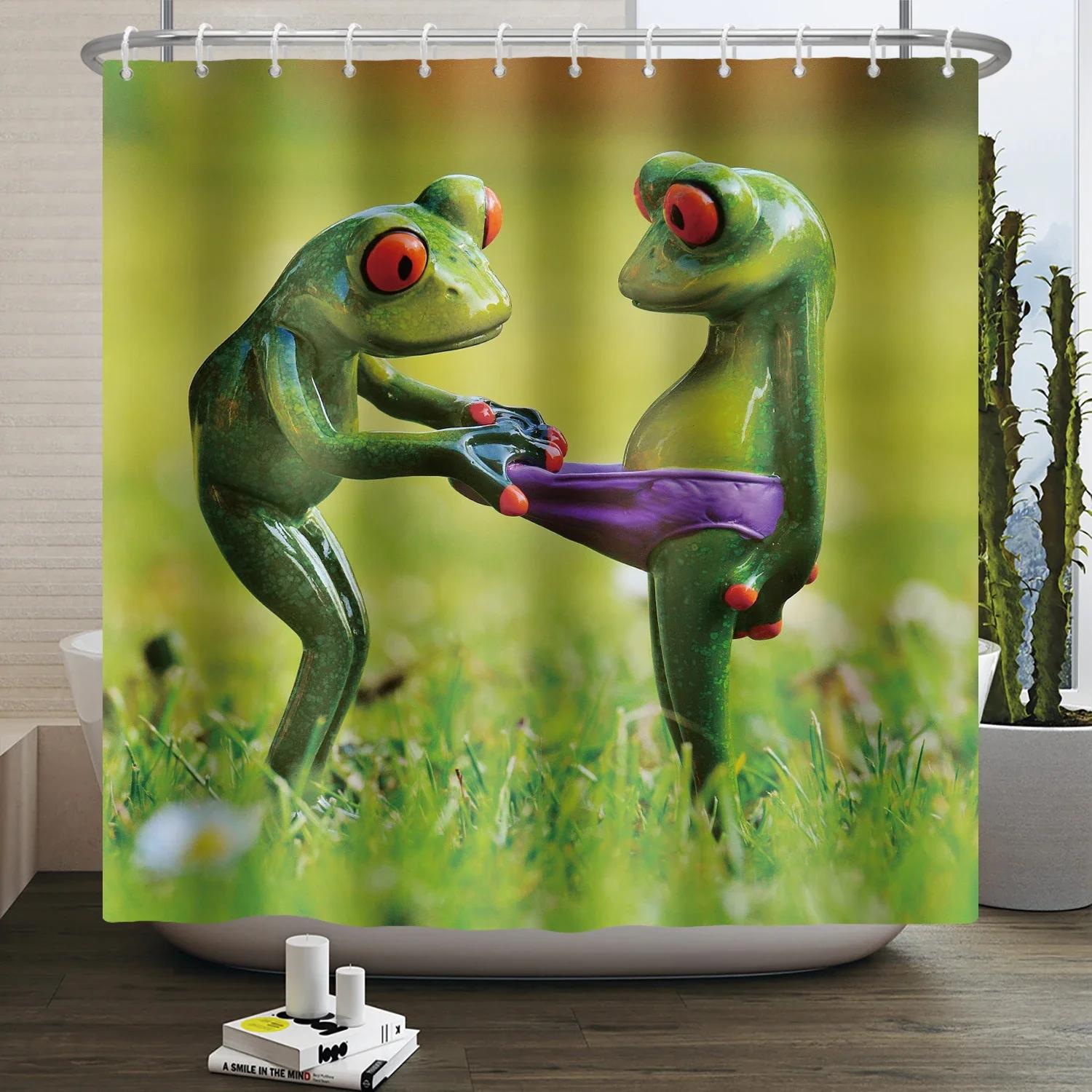 Funny Frog Shower Curtain for Bathroom Mushroom Butterfly Floral Green Plant Cartoon Animal Waterproof Polyester Shower Curtain 90x180cm-35x70in