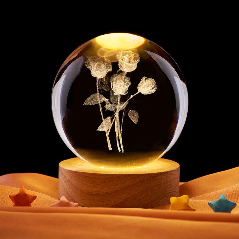 Four Roses 3D Carved Crystal Ball Night Light with Gold Base