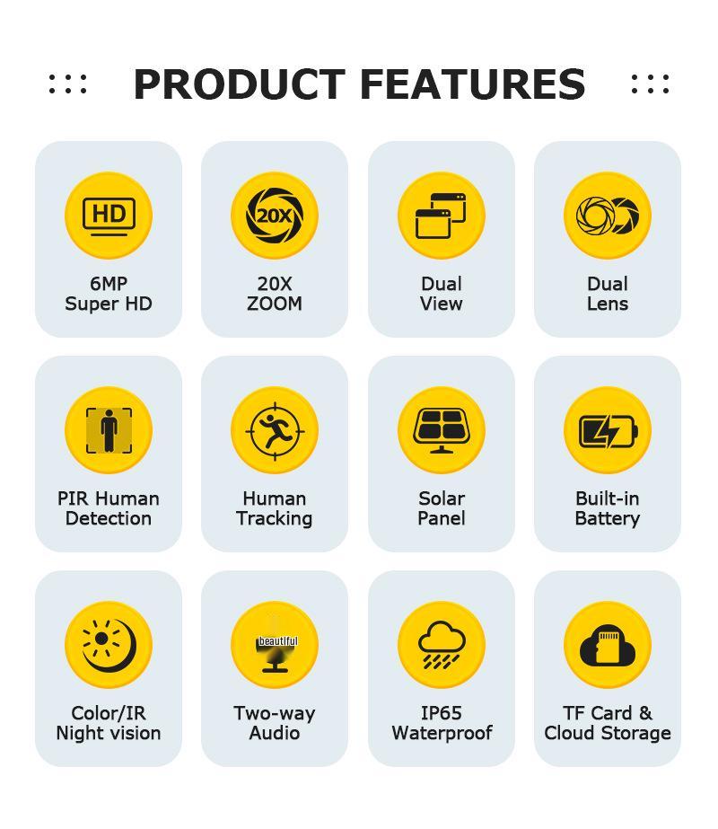 Cross-border UBOX-20X Dual Lens Solar Camera with 6MP Zoom, Remote HD, and Low Power Monitoring