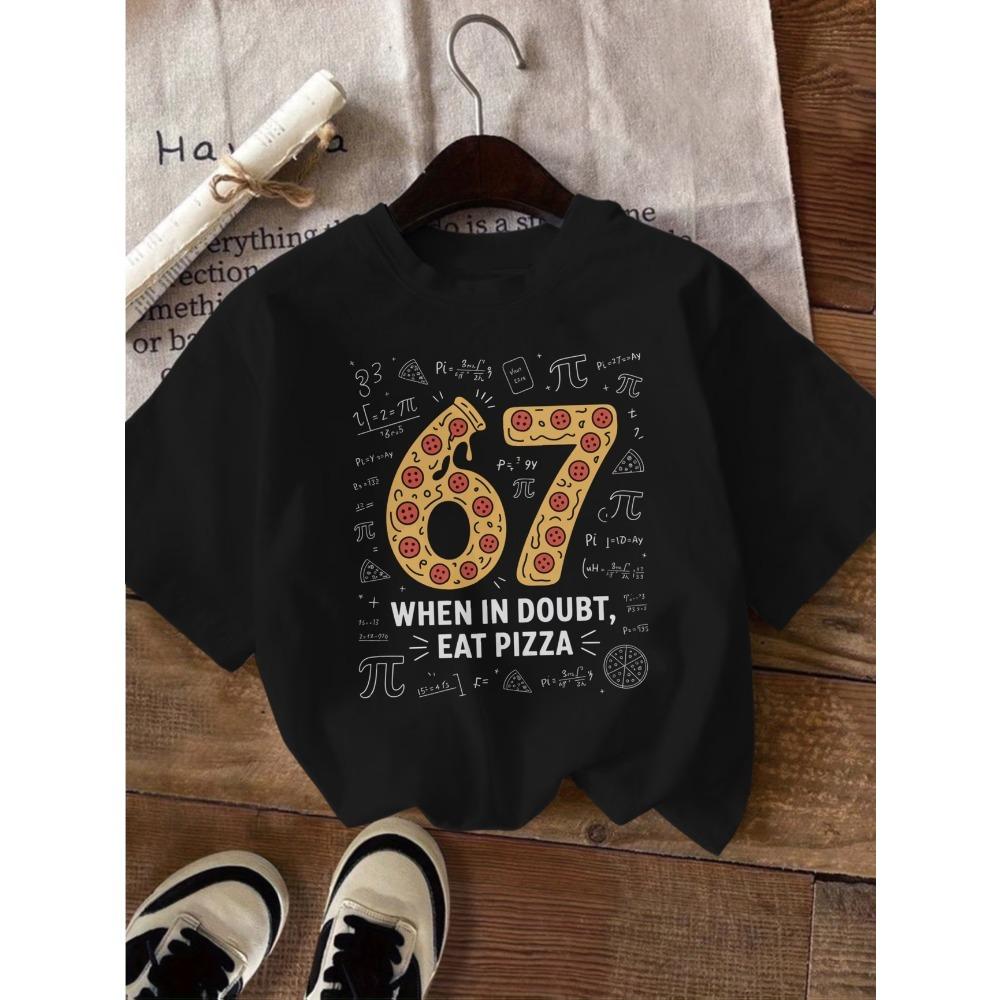 Summer Pi Pizza Cute Bow 67 Six Seven Print Kids Short Sleeved Shirt Polyester Casual Children's T-shirt Girls Fashion Clothes Tees