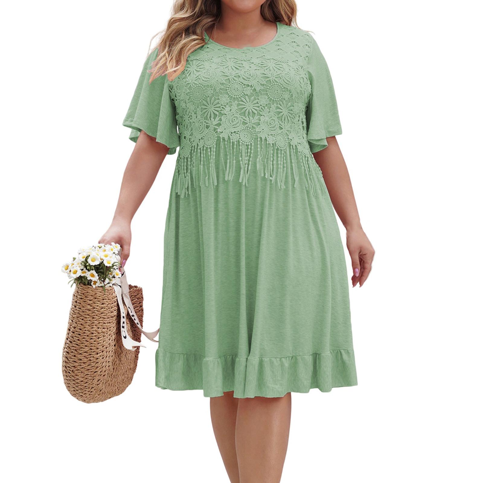 

Женские платья большого размера с коротким рукавом и кисточками, однотонные, с круглым вырезом XXL зелёный