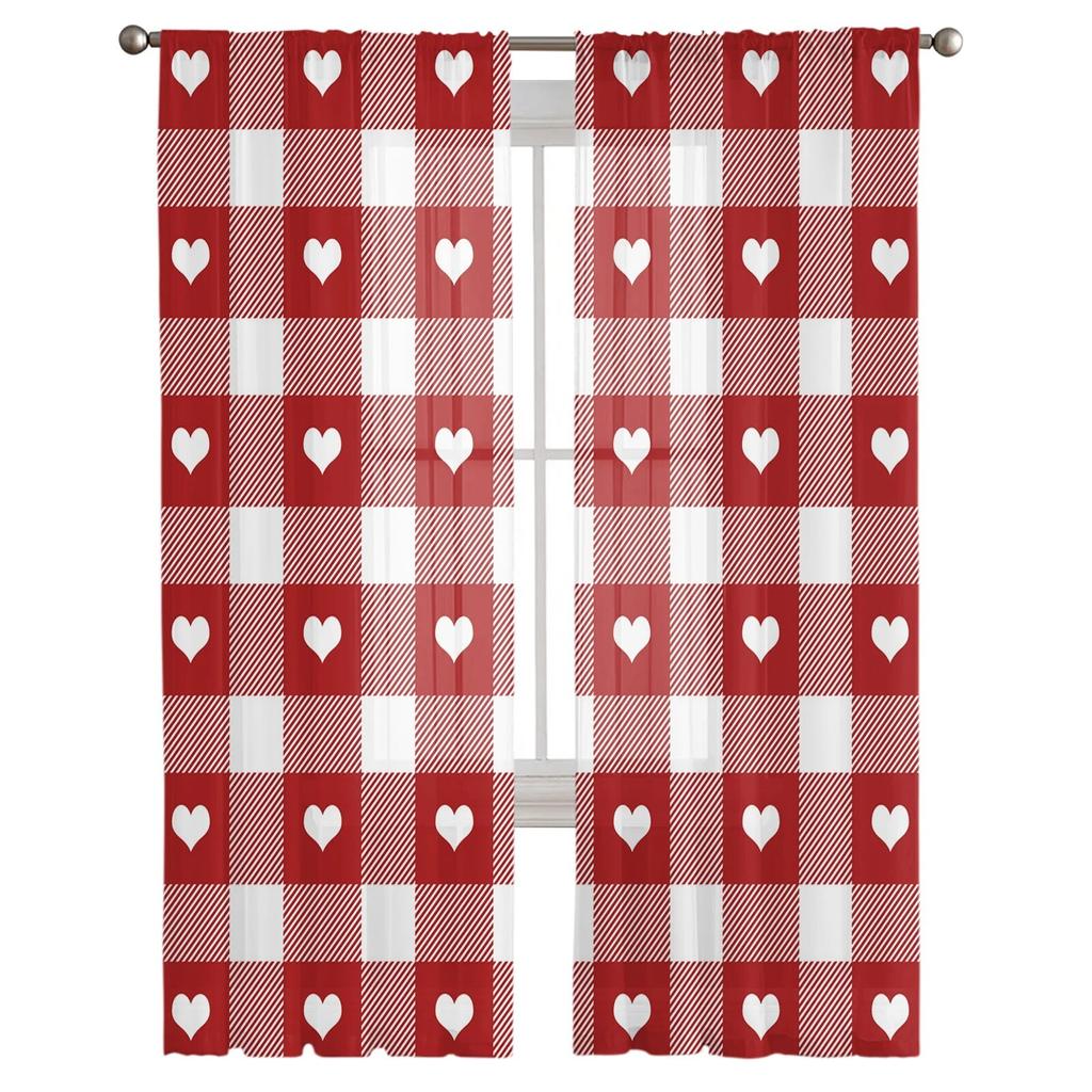 Valentine'S Day Love Red Plaid Tulle Curtains For Living Room Bedroom Home Decor Chiffon Sheer Voile Kitchen Curtain