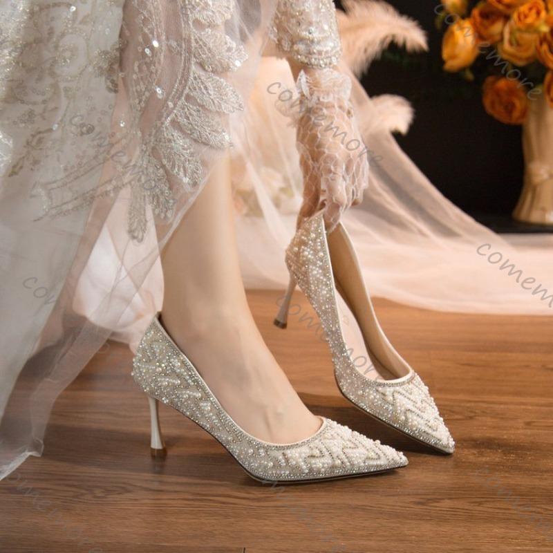 Fashion Comemore Pumps for Women Sexy Pearl Decoration Fashion Women's High Heels Sequins Dress Party Shoes Stiletto Heel Single Shoe