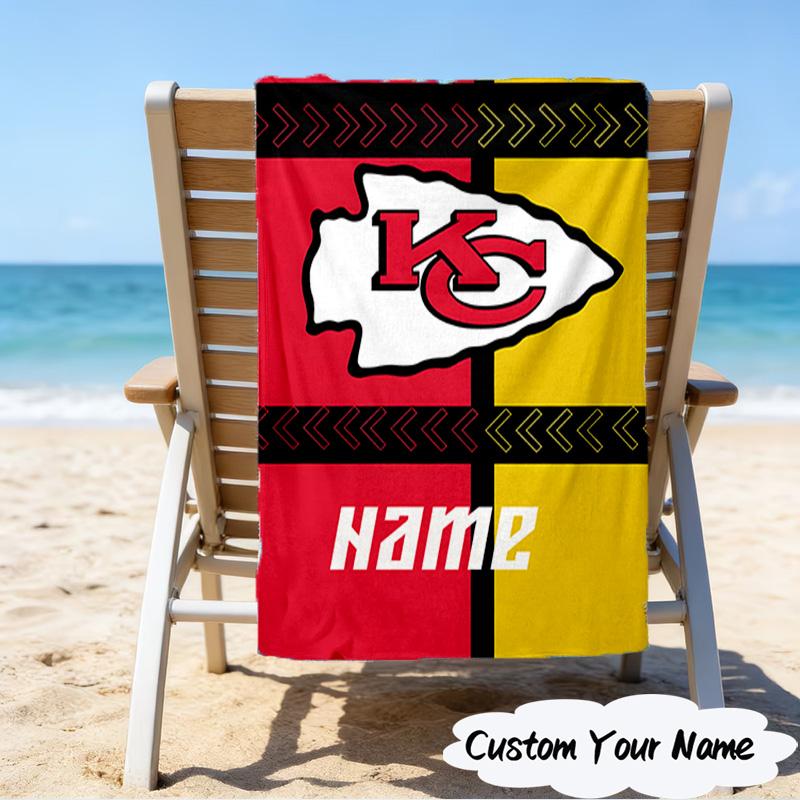 1PC Custom Name Beach Towel Kansas Chiefs Fan Gear Beach Towel, Suitable for Camping, Travel, Beach Accessories, Super Absorbent, Family Gift