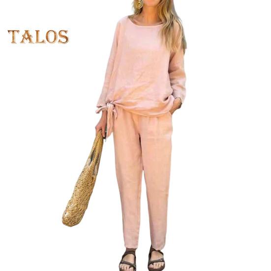 

2 шт./комплект женский топ брюки костюм однотонный цвет длинный рукав круглый вырез завязывающийся подол эластичный пояс прямые брюки спортивный фитнес наряд осень M розовый