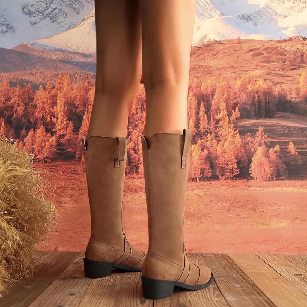 2024 Winter Belt Buckle Shoes for Female Side Zip Women's Knee-High Boots Low Heel Women's Shoes Plus Size Hot Sale Ladies Boots