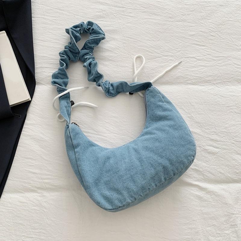 Fashion Denim Hobo Bag Ruched Strap Striped Design Zipper Closure Casual Shoulder Purse for Women