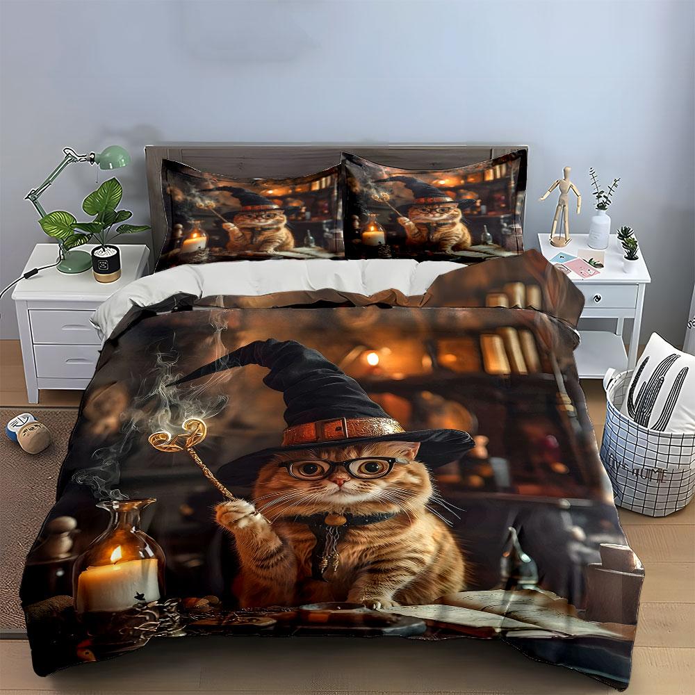 Wizard Cat Decorative Set Soft Skin-Friendly Bedding Set Includes 1 Duvet Cover And 2 Pillowcase Gift