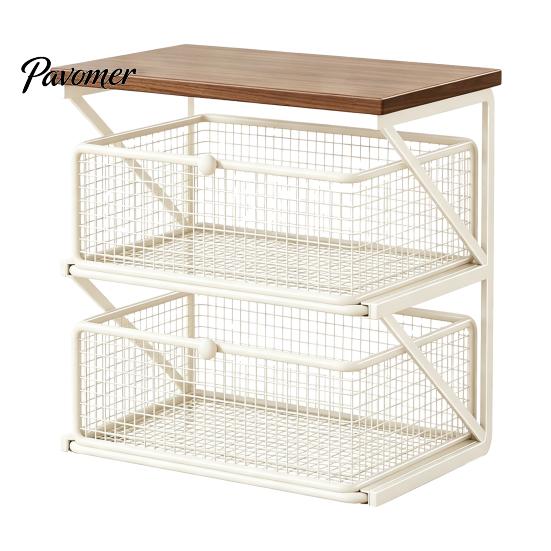Dust Proof Storage Drawer Coffee Station Organizer with Drawer, Tiered Bar Organizer, Wooden Top Shelf, Pods Holder Wire Mesh Drawers for Tea