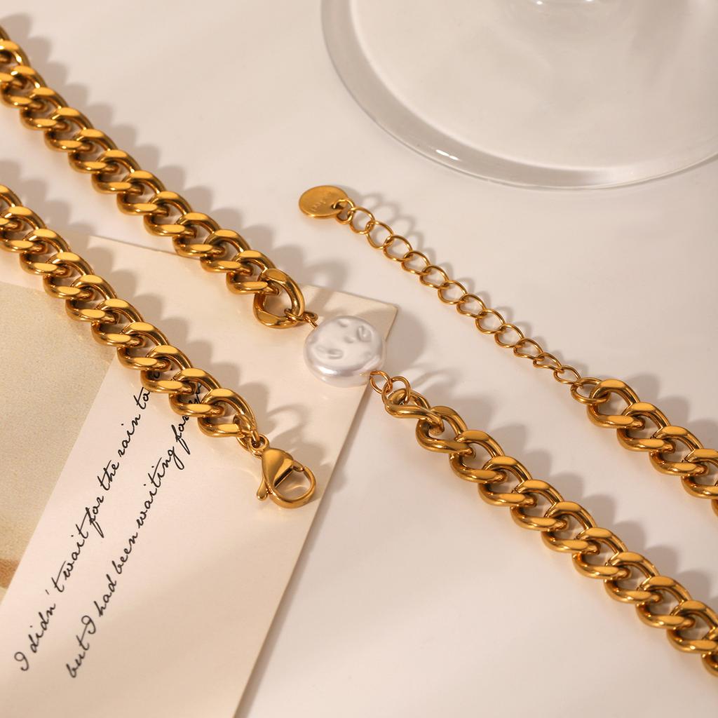 Stainless Steel Cuban Chain Necklace for Women, Non-fading, Premium Style, Elegant Pearl Pendant Neck Chain