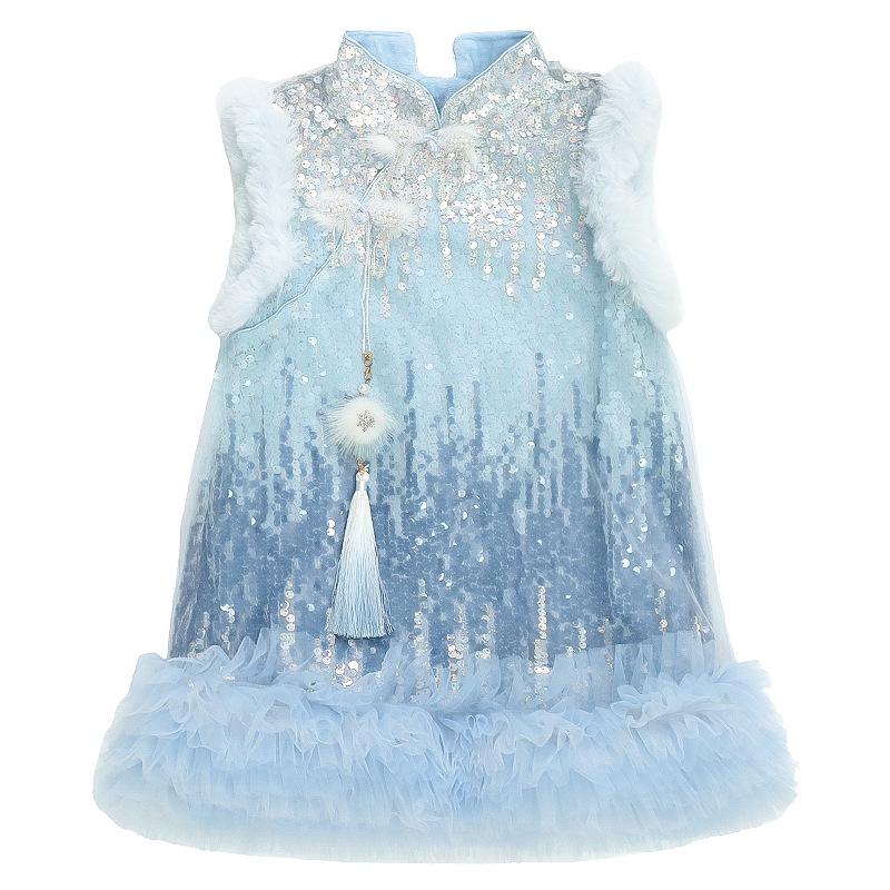 

Девичье зимнее бархатное платье-жилет ципао 2023 года - Маленькое платье Эльзы-принцессы из тюля для вечера 90 cm светло-синий