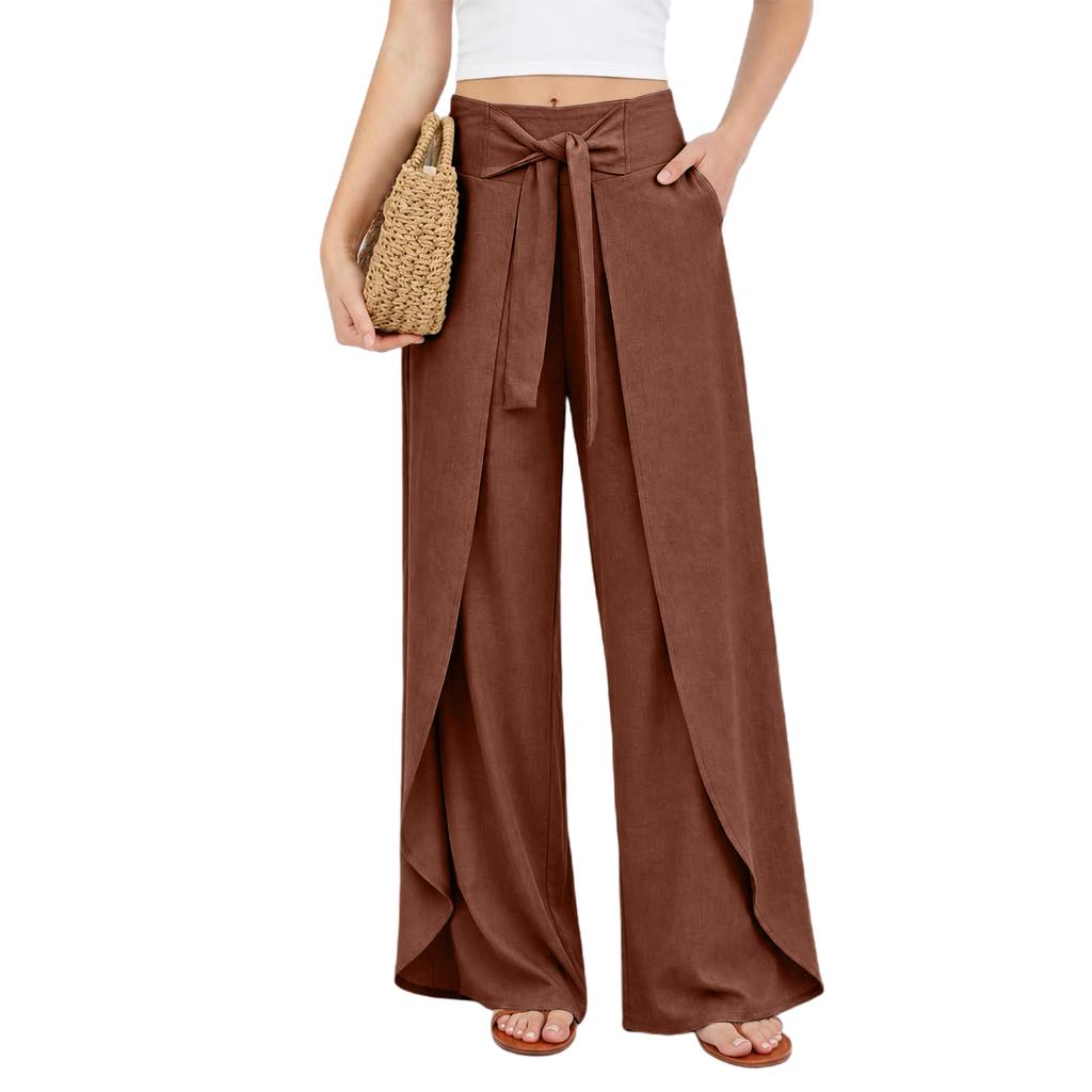 European and American High-Waisted Tie Belt Wide Leg Pants for Women, Casual Holiday Color Draped Pants