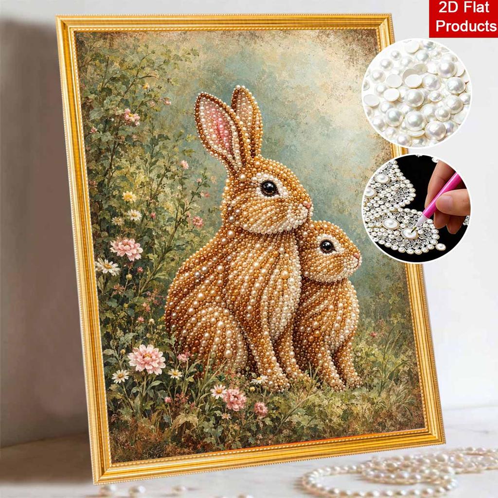 Two Rabbits Pearl Art Kit with Frame 3D Sparkling Bead Canvas Relaxing Craft for Cozy Room Wall Decor Aesthetic Floral Home Decoration