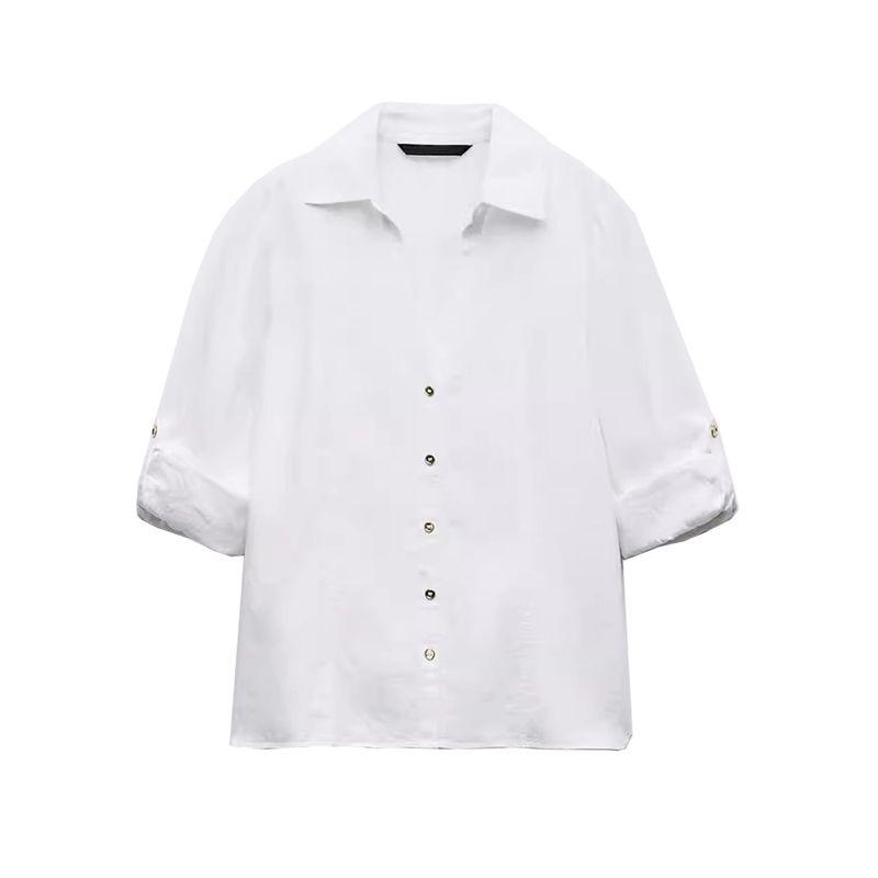 

Za 2025 Autumn New Minimalist Single-Breasted Lapel Roll Sleeve Linen Blend Shirts Top 2157041 White L