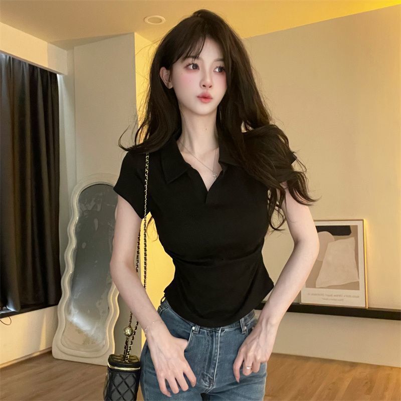 Summer Sexy Spice Slim Skinny Short Polo Neck Short Sleeve Fashion Personality Versatile Solid Color Top T-Shirt Ins