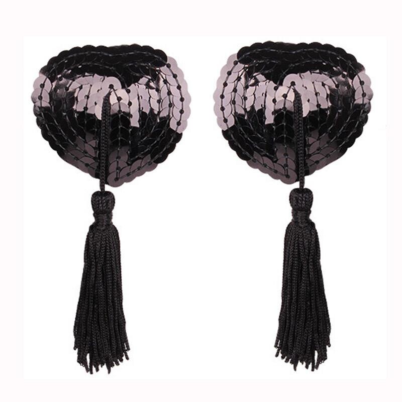 Heart-Shaped Sequined Nipple Covers with Tassels - Silicone Pasties Lingerie Accessories
