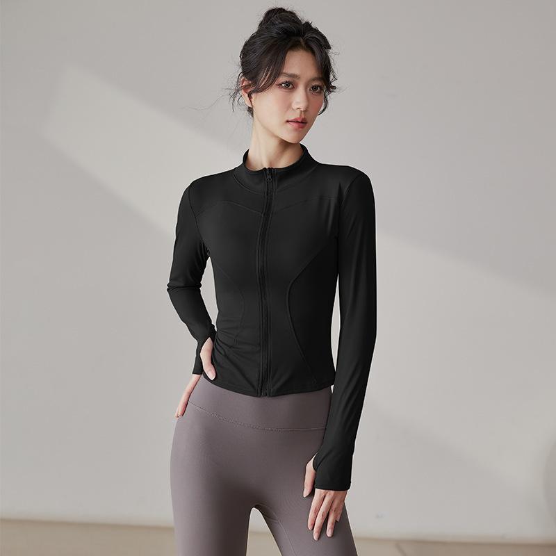 Sun protection shirt, yoga jacket, slimming fit, fitness top, zip-up cardigan, training running top with pockets S