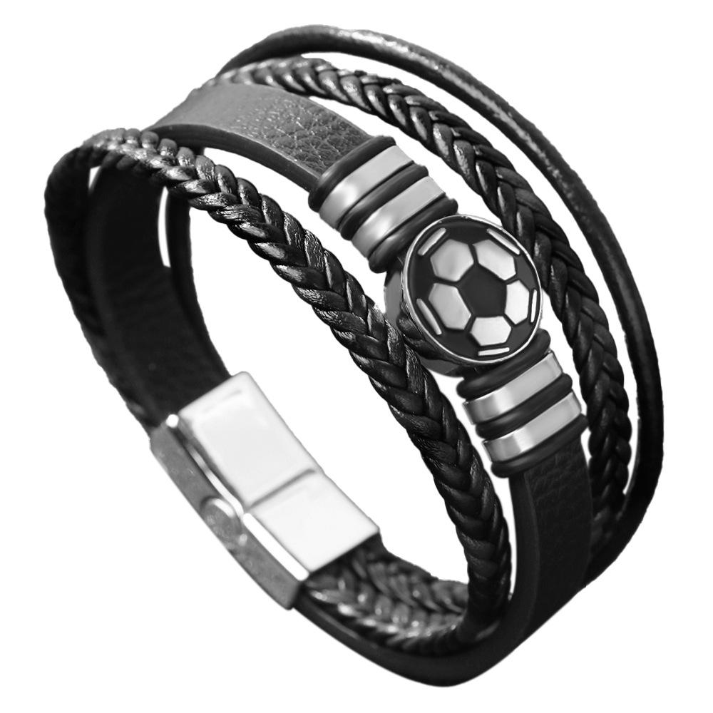 Men s Football Leather Bracelet, Braided PU Rope Cuff with Soccer Ball Charm, Stainless Steel Clasp Jewelry 19cm