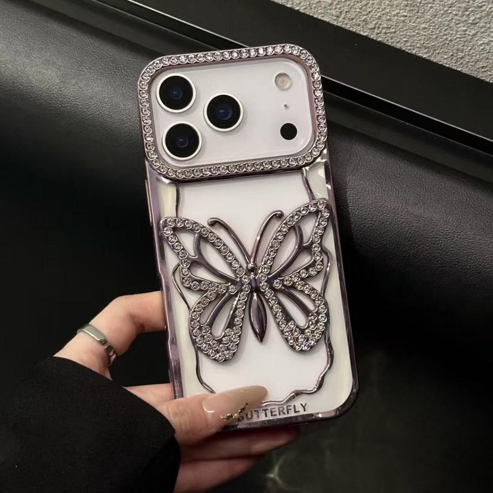 Plating Butterfly Hollow Glitter Diamond Case For iPhone 17 16 15 14 13 Pro Max Plus Bling Sparkling Rhinestone Shockproof Cover