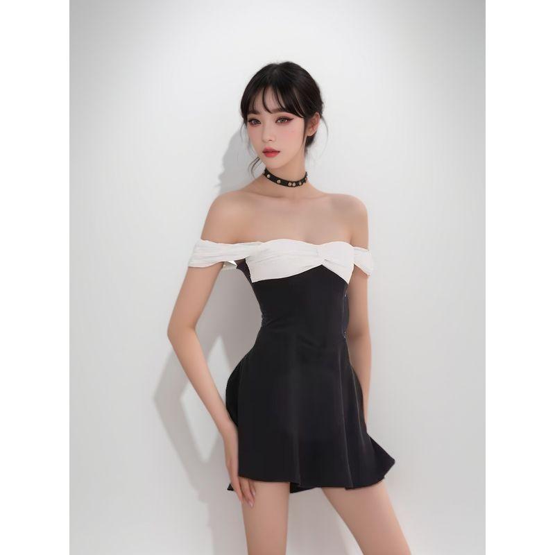Sweet American Style Sexy Pure Desire Stylish off-Shoulder Contrast Color Patchwork Waist-Slimming Elegant A- Line Skirt Dress
